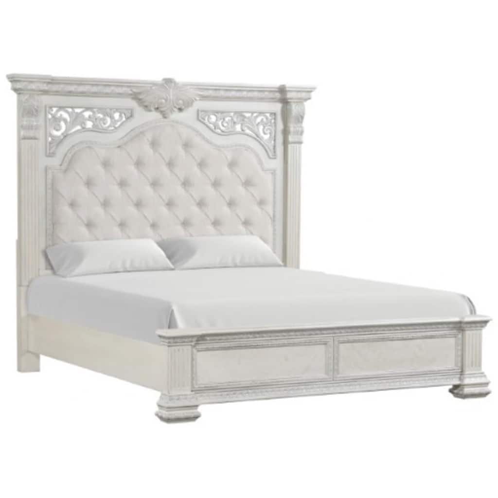 Miamy Queen Bed, Creamy White Wood, Panel Design, Silver Brushed Accents