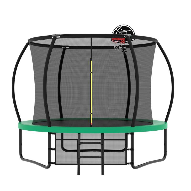 10FT Pumpkin Trampoline, Outdoor Trampoline with Basketball Hoop, Enclosure Net and Ladder - Green