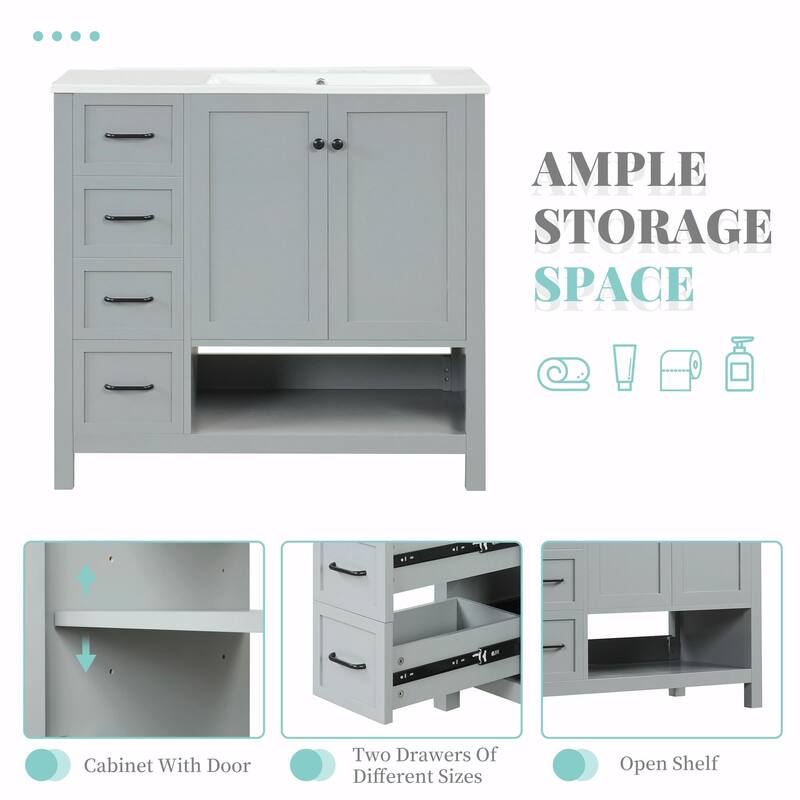 36" Bathroom Vanity - Sink Top, Two Doors, Two Drawers, and Open Shelf