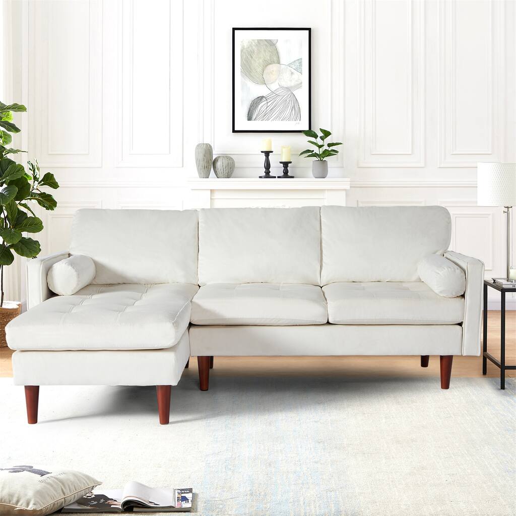 Velvet L-Shaped Sectional Couch with Chaise and Round Pillows