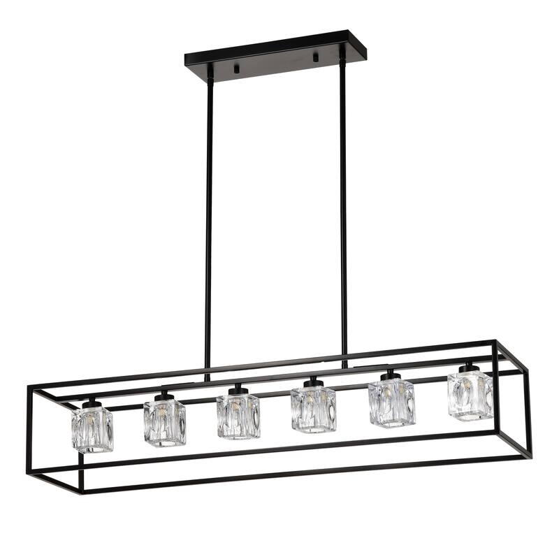Industrial 6-Light Crystal Farmhouse Chandelier Linear Rectangular Pendant Cage Light, for Dining Room, Kitchen Island, Bar
