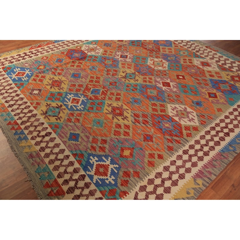 Colorful Geometric Kilim Oriental Area Rug Hand-Woven Wool Carpet - 8'7"x 9'6"