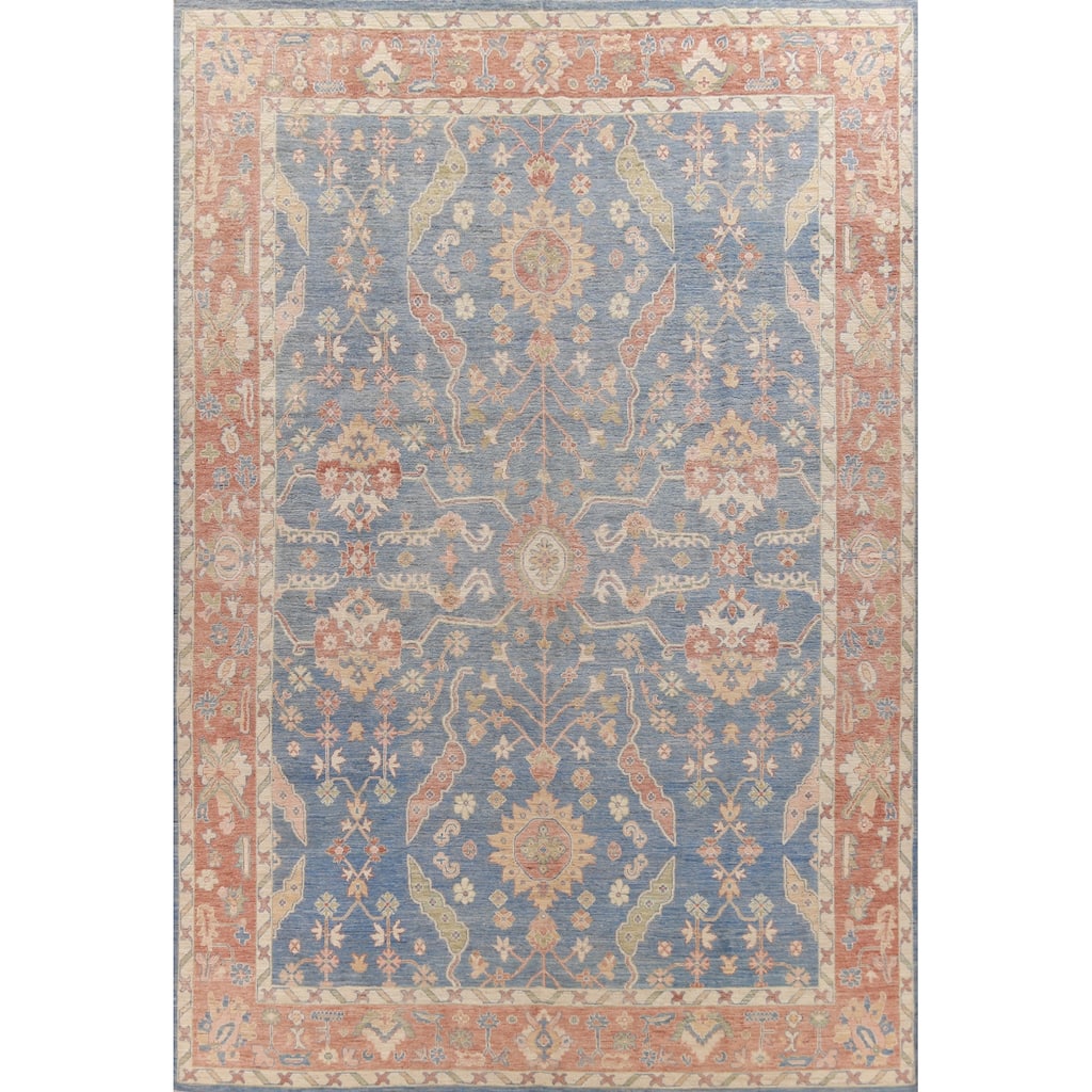 Hand Knotted Oriental 100% Wool Carpet Transitional All-Over Navy Blue & Blues Oushak Area Rug - 13' 11'' X 10' 0''