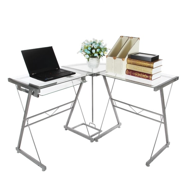 Tempered Glass L-shaped Computer Desk , Workstation with Pull-out Keyboard,PC Glass Desk for Home office