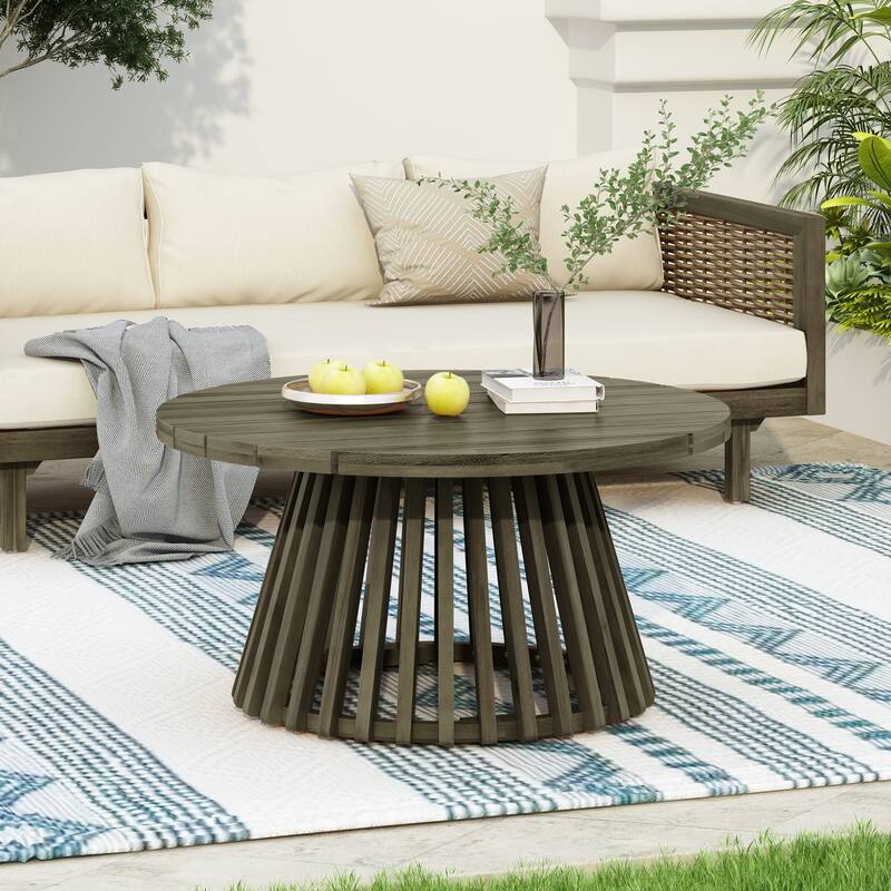 Roomfitters 31.5" Round Outdoor Acacia Wood Coffee Table, Slatted Pedestal Base Patio Table with Weather-Resistant Finish