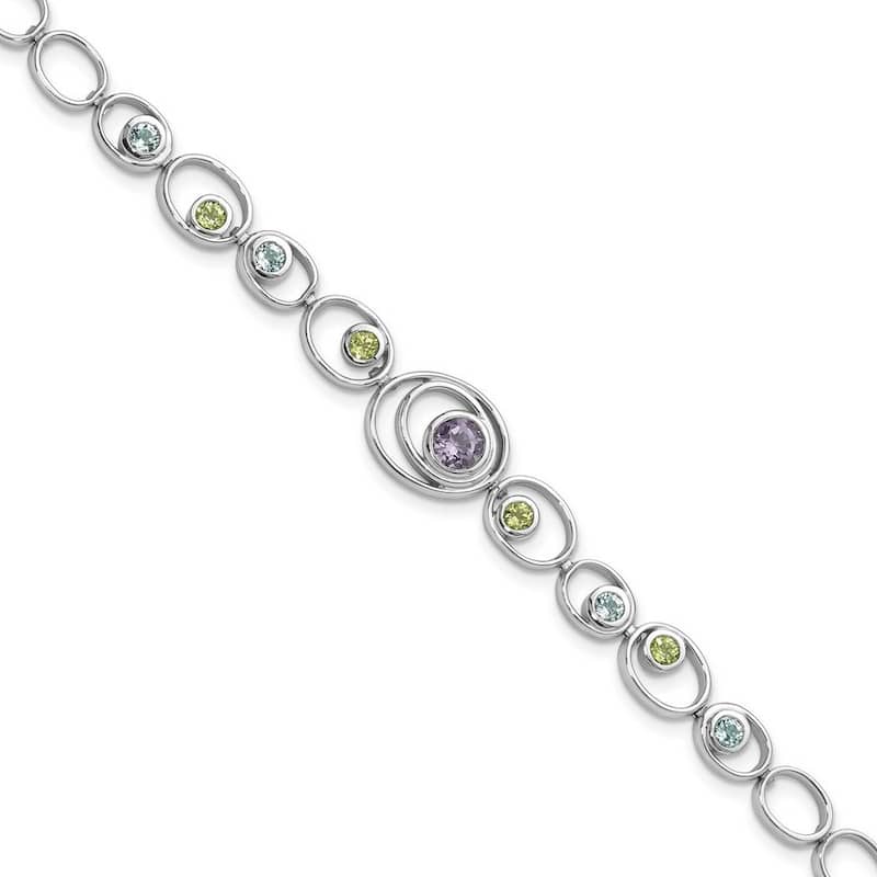 Curata 925 Sterling Silver Polished Multi colored Fancy Lobster Closure Rhodium Plated With Peridot Blue Topaz and Amethyst