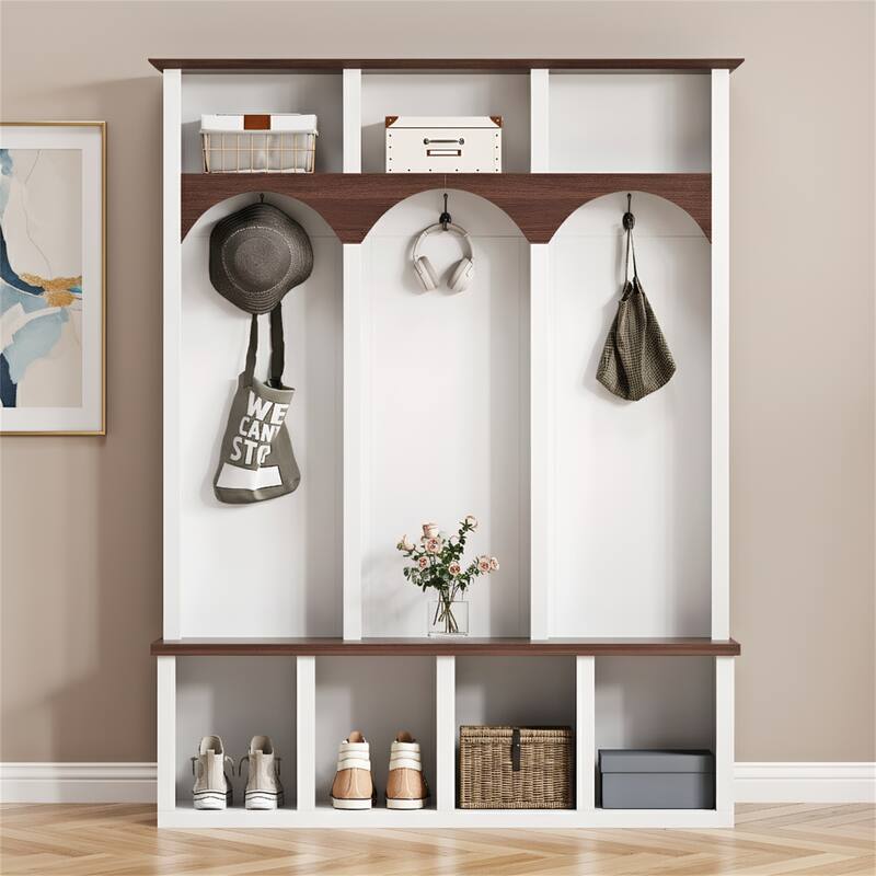 4-in-1 Entryway Organizer with Hooks and Cubbies - White
