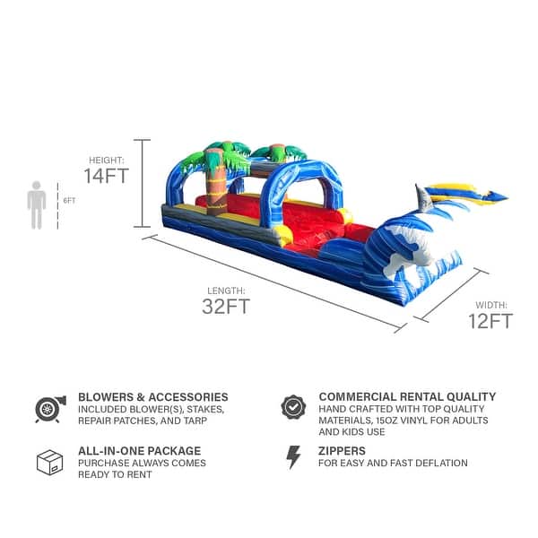 JumpOrange 32 ft Shark Sighted Inflatable Slip N Slide with Deep Pool, Commercial Water Slide for Kids, Shark Theme