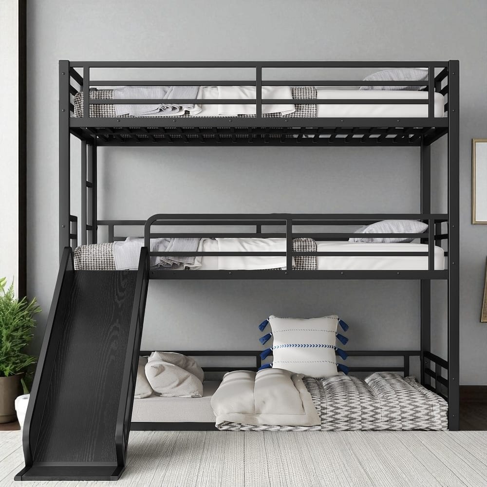 Metal Triple Bunk Bed with Slide, Twin XL/Full/Queen, Safety Guardrails, Quiet Slat Design, Heavy-Duty, Black