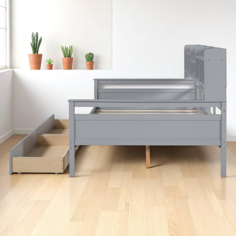 Wooden Twin/Full Daybed with 2 Storage Drawers and Bedside Shelves, No Box Spring Needed, Modern Design