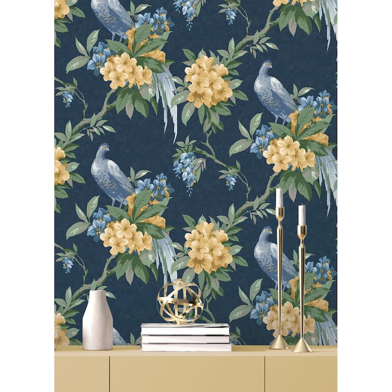 Brewster Golden Pheasant Dark Blue Floral Wallpaper