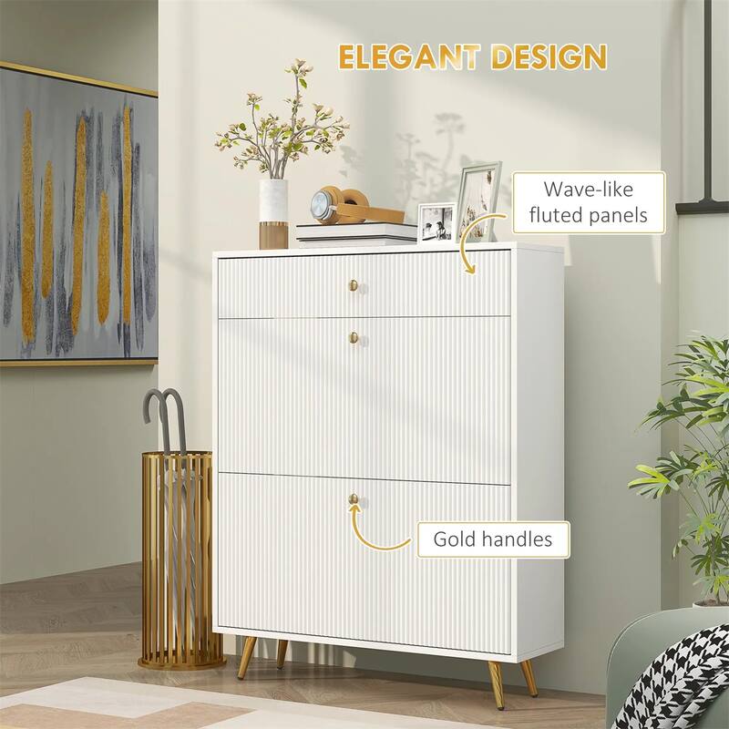 Modern Shoe Cabinet with Flip Storage Drawers and Gold Handles Adjustable Shelves for 12 Pairs - 31.5" W x 9.4" D x 40" H