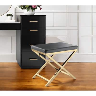 HomeRoots 21" Charcoal and Gold Faux Leather Vanity Chair - 20.7 in. x 18.3 in. x 14.37 in.