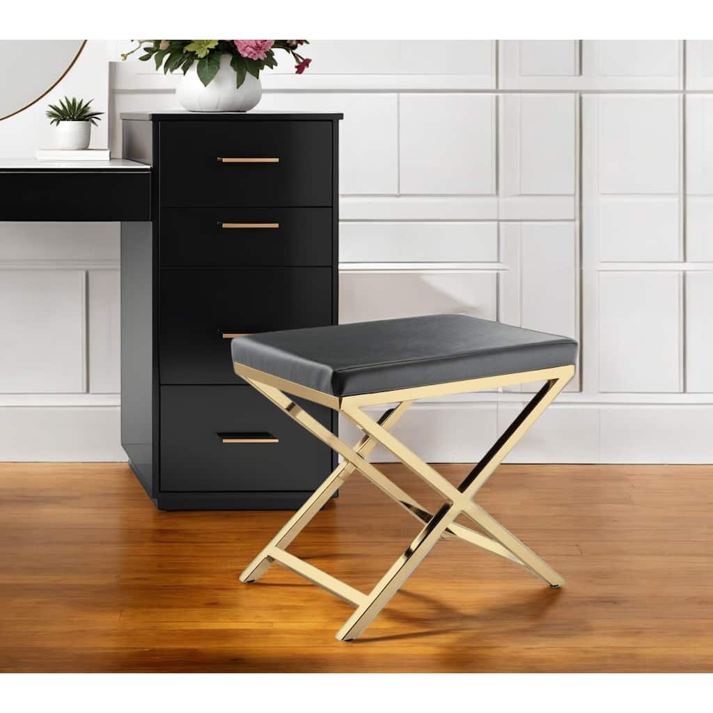 HomeRoots 21" Charcoal and Gold Faux Leather Vanity Chair - 20.7 in. x 18.3 in. x 14.37 in.