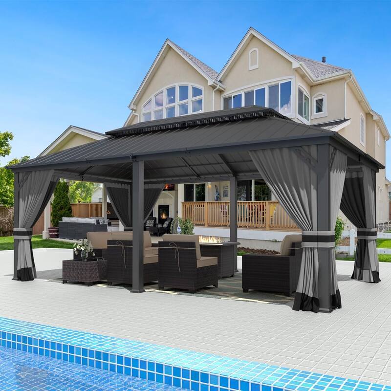 Kullavik Hardtop Gazebo w/ Galvanized Steel Roof & Aluminum Frame, New Outdoor Canopy w/ Mosquito Net & Curtain, Patio Pergola - 12" x 20" - Grey