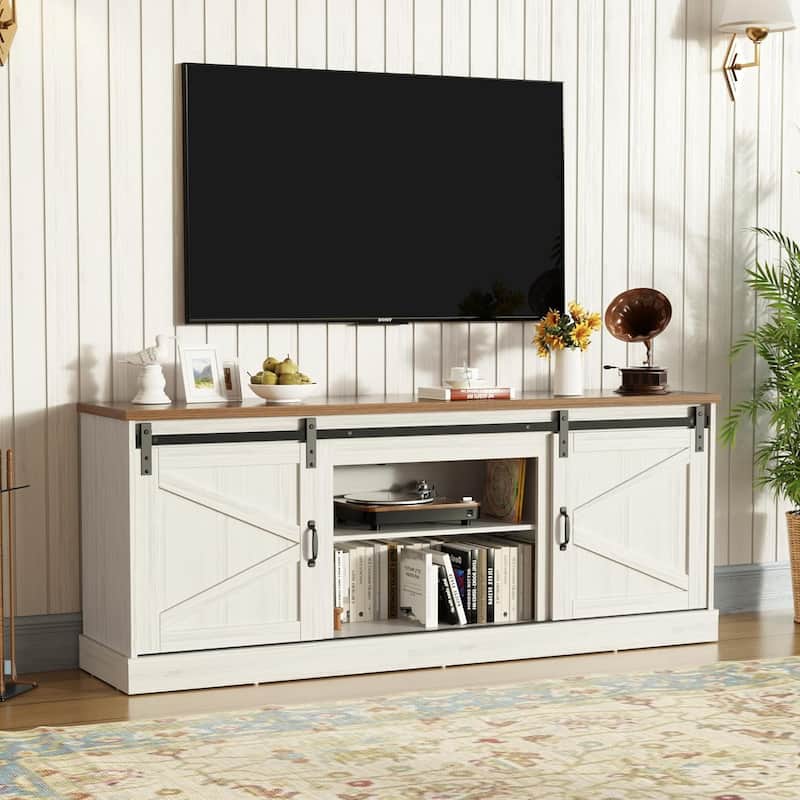67" Farmhouse TV Stand with Large Cabinet with Sliding Barn Door & Fireplace