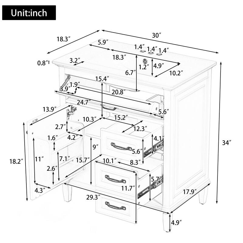 30 Inch Bathroom Vanity with Ceramic Sink Top, Flip Drawers, Freestanding Storage Cabinet (Faucet Not Included)