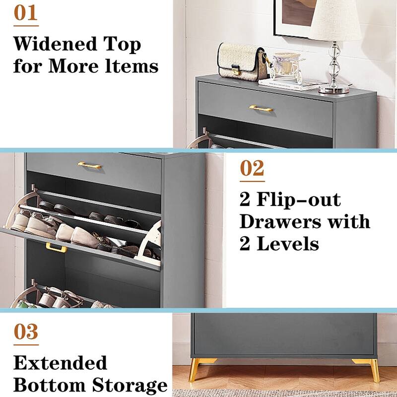 Freestanding Shoe Cabinet for Entryway, with 2 Flip Doors and Drawer - 32'W x 10''D x 43''H