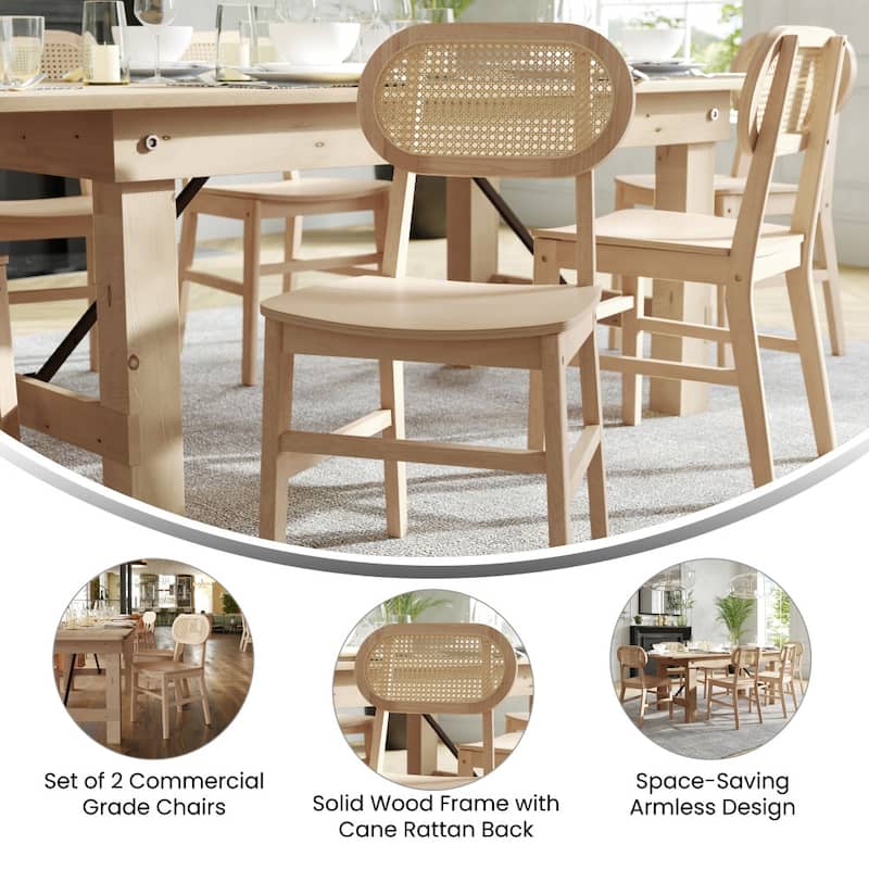 Woven Back Wood Framed Cane Rattan Chairs with Wood Seats - 2 Pack