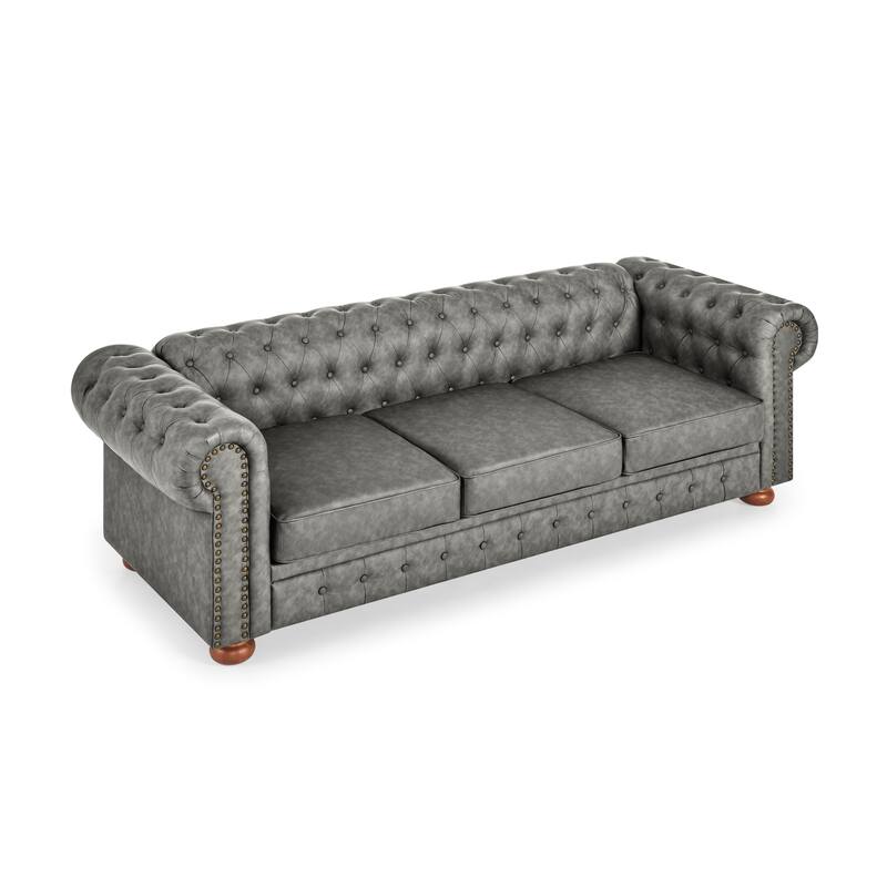 Chesterfield PU Upholstered Sofa, Button Tufted Sofa with Scrolled Arms, 3-Seater Deep Seat Sofa with Nailhead Trim & Wood Legs