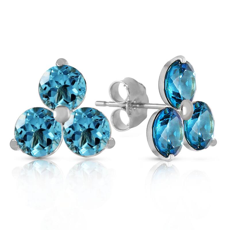 14K Solid Gold Stud Gemstone Earrings Natural Blue Topaz Jewelry - White