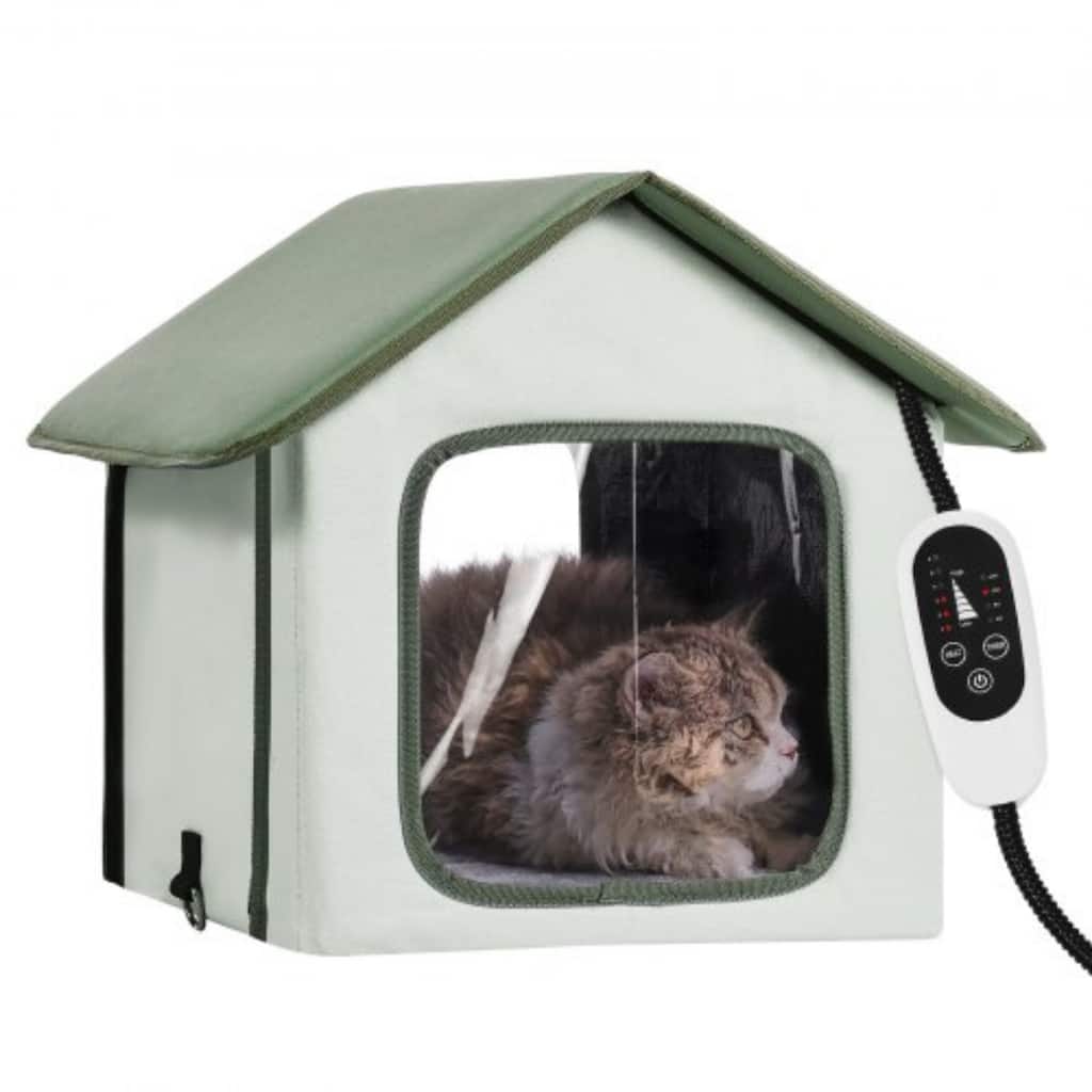 Green Oxford Heated Cat House with Timer, Waterproof and Insulated - 13.77” L x 13.38” W x 15.74” H
