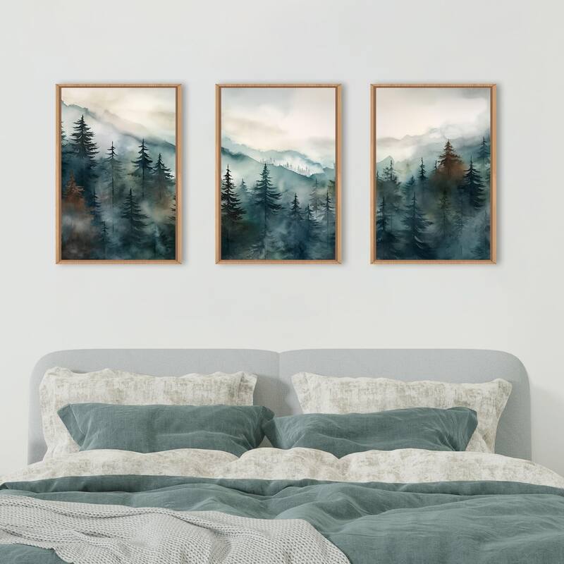 Nature Landscape Wall Decor, Foggy Mountain Pine Trees Wall Painting