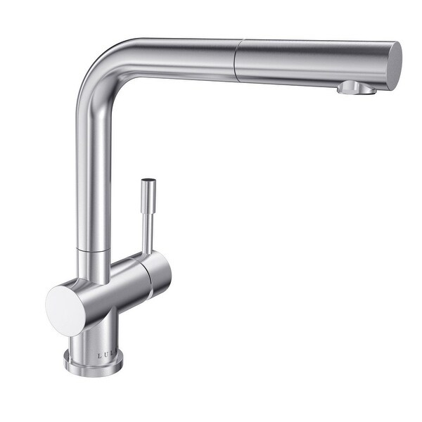 Nassau Collection. Pull-out head kitchen faucet. Brushed Stainless finish. By Lulani. Opens flyout.