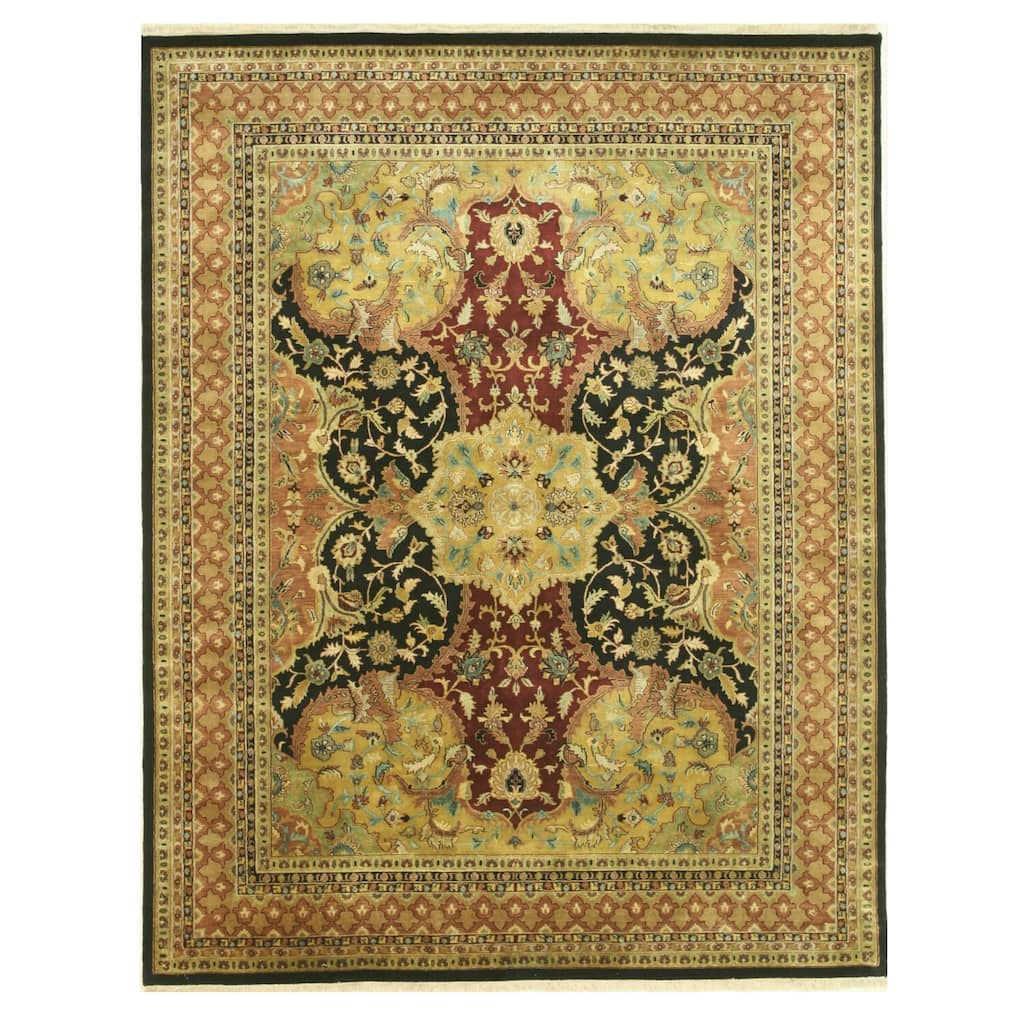 Black Hand Knotted New Zealand Wool Transitional Polonaise Rug, 6' x 9', Bold Abstract Pattern with Red, Gold & Blue Accents