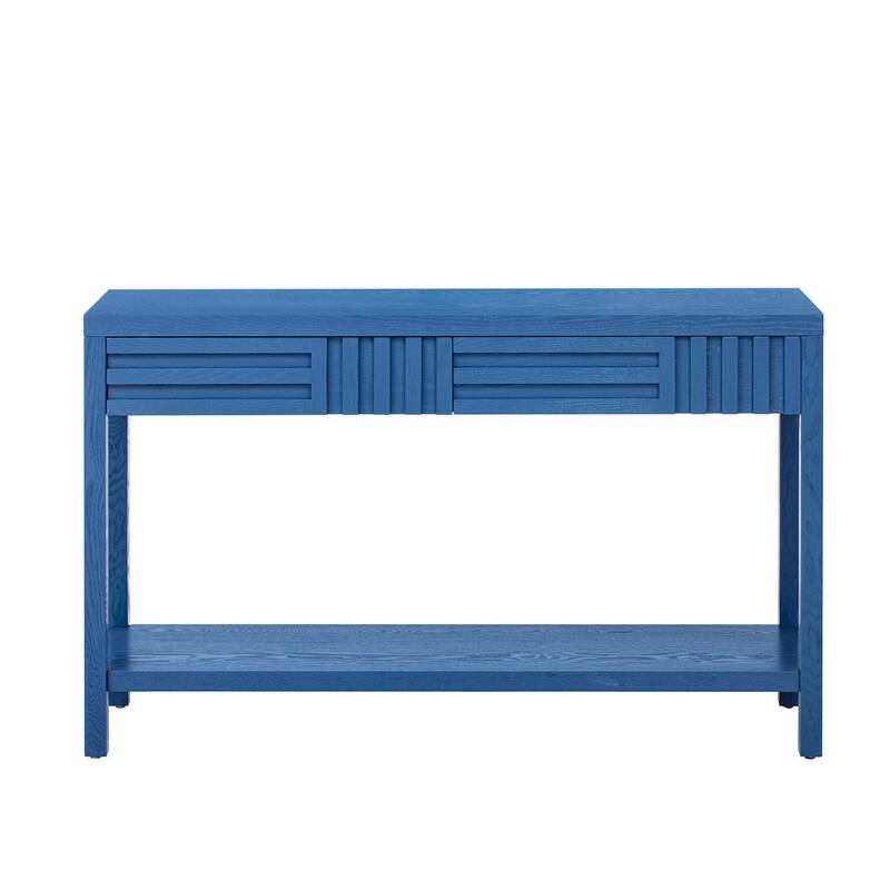 Modern Classic Striped Console Table with 2 Drawers and Open Shelf, for Living Room, Hallway Entryway, Study Room, Navy Blue