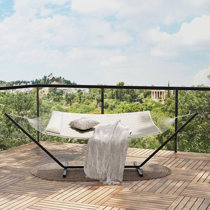 Hammock with Steel Stand, Portable Standing Hammocks with PP Cotton Pad and Pillow - Beige