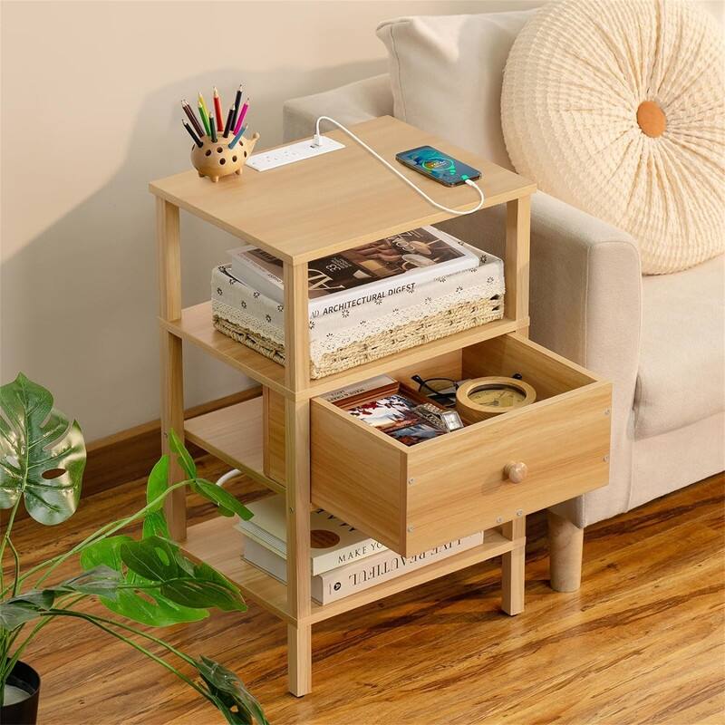 Nightstand with Charging Station - Oak