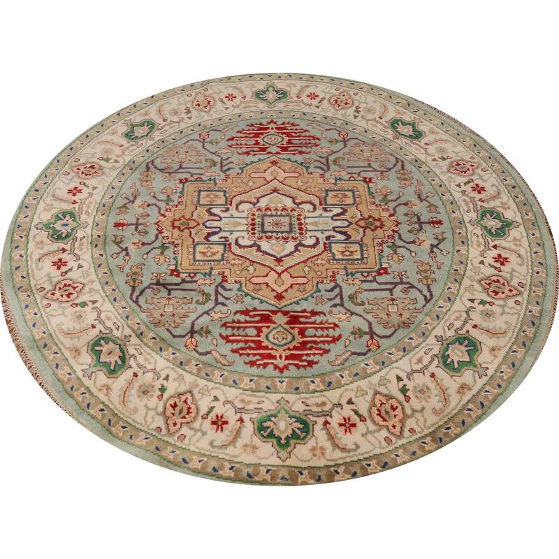 Medallion Heriz Serapi Indian Round Area Rug Hand-Knotted Wool Carpet - 7'10" x 7'10"