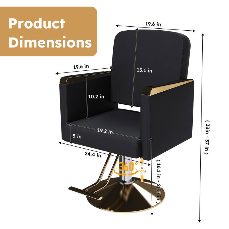 Roomfitters Hydraulic Salon Chair with 360° Swivel, Heavy Duty Barber Stylist Chair with Non-Tilting Gold Base, Black and Gold