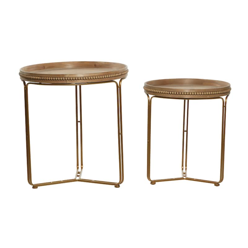 Wooden Round Beaded Nesting Accent Table - Set of 2 Brown - Roche River Decor - 24"Wx24"Lx26"H