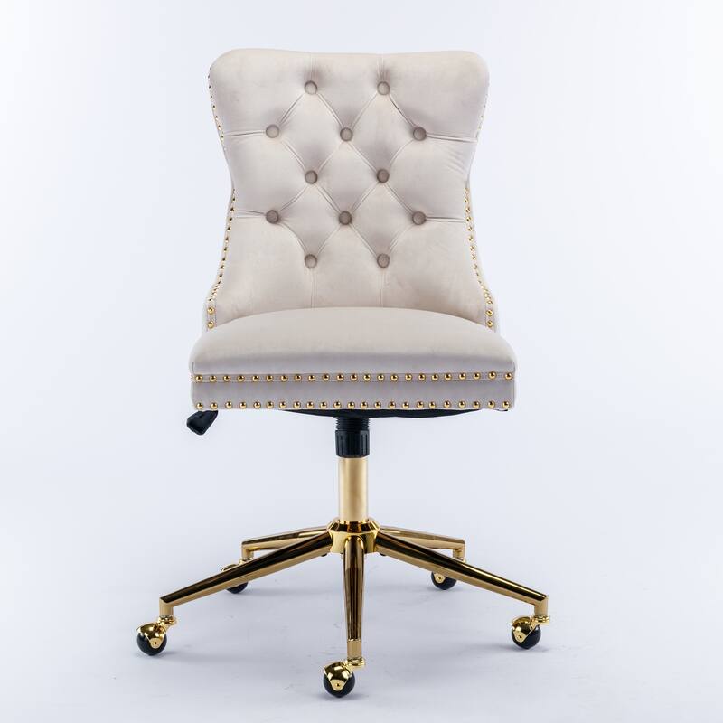 Velvet Button Tufted Upholstered Armless Makeup Chair with Casters, Lounge Chair Beige Decorative Chair with Nailhead Trim