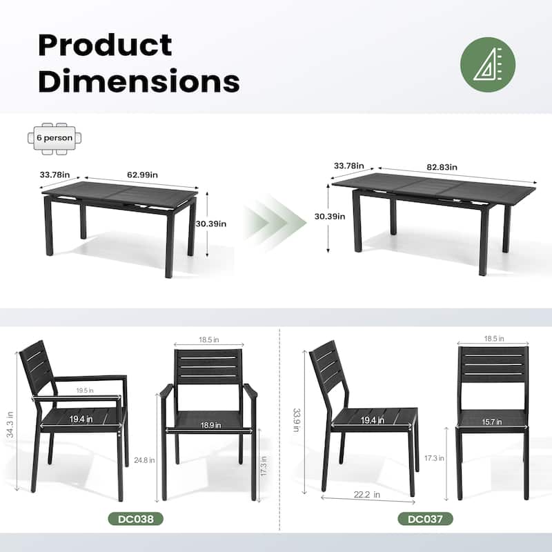 7PC Pellebant Outdoor Patio Aluminum Expandable Dining Set Table WPC Top with Stackable Chairs - N/A