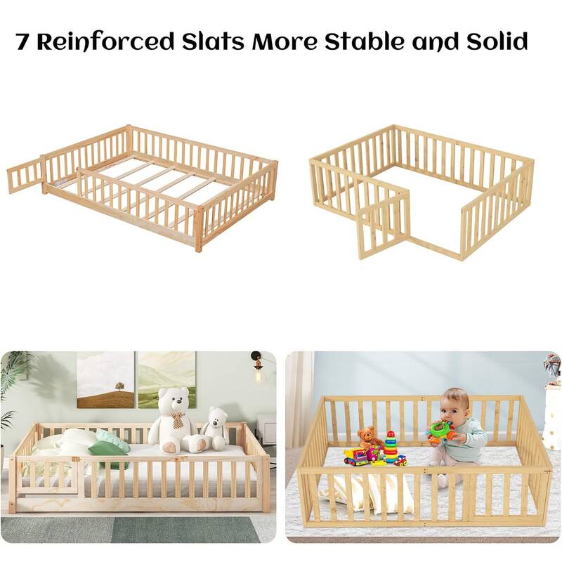 Twin/Full/Queen Size Floor Bed with Safety Guardrails, Toddler Floor Bed for Girls and Boys