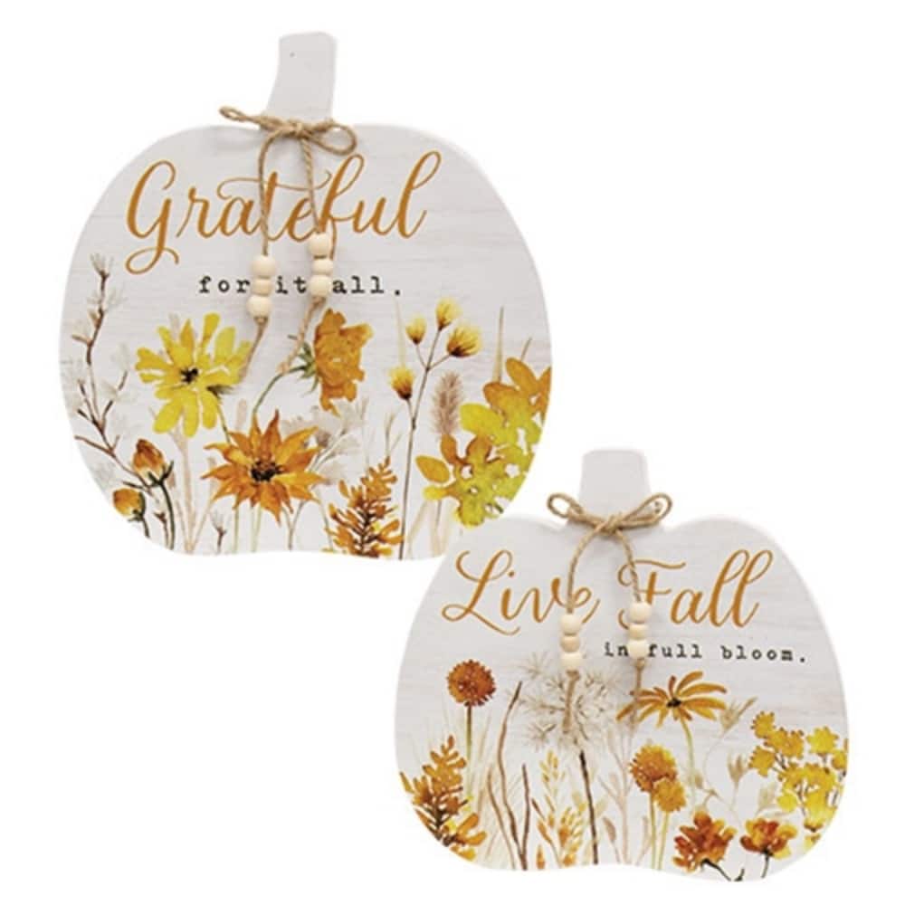 White Wooden Pumpkin Sitters Fall Tabletop Decor with Golden Wildflower Design 2 Asstd. - Taller sitter: 10" H x 9.5" W x .75" D