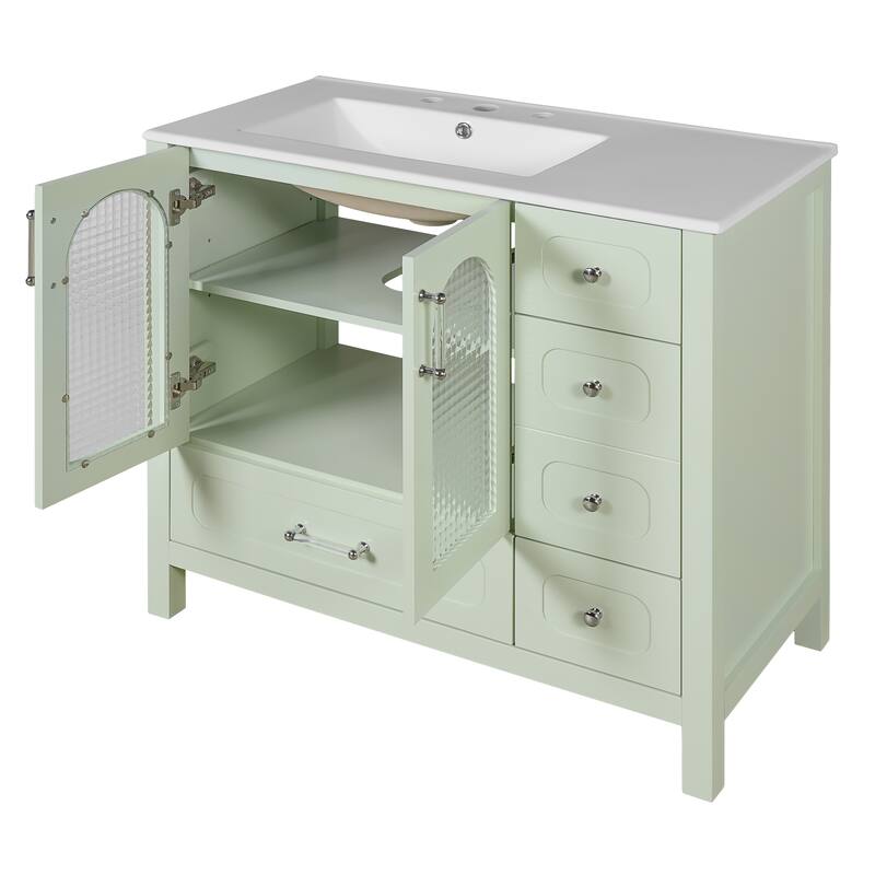 GDFStudio - Fairwater Modern Bathroom Vanity with Waffle Glass Soft-Closing Doors, 4 Storage Drawers and Ceramic Sink - 36'W