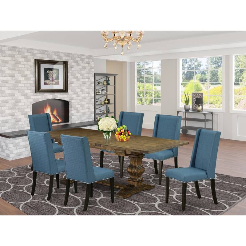 7-Piece Dining Set - Rectangular Table & Parsons Chairs - Distressed Jacobean & Black Finish - Linen Fabric Seats - 92