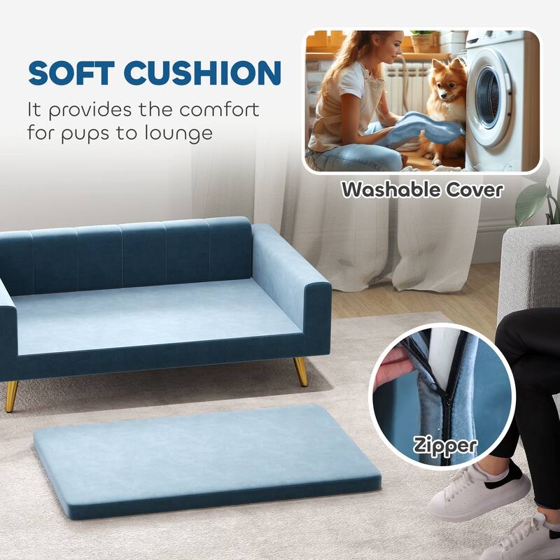 PawHut Dog Sofa, Pet Sofa Bed, Modern Velvety Dog Couch for Small to Medium Dogs, Dark Blue