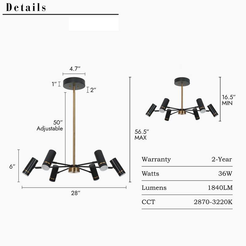 Modern Contemporary 6-Light Black Gold LED Chandelier Metal Wheel Pendant Light for Dining Room - 28" W x 6" H