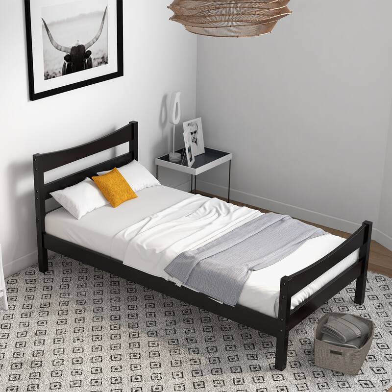 Pine Wood Twin Size Platform Bed Frame with Slat Support and Headboard-Footboard