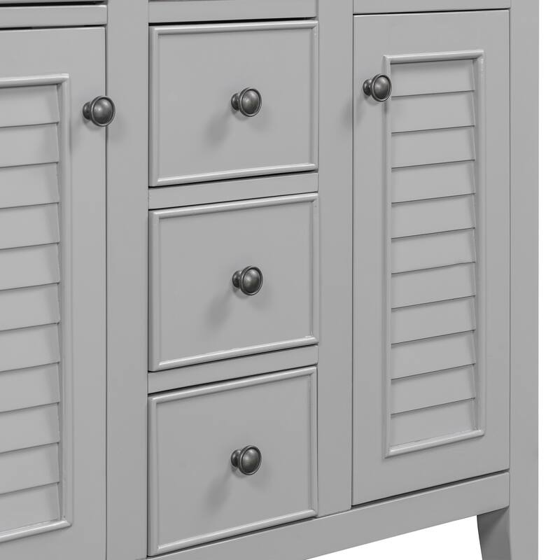 36" Modern Bathroom Vanity Cabinet Base in Grey with Two Cabinets, Five Drawers & Open Storage Shelf, Solid Wood Frame