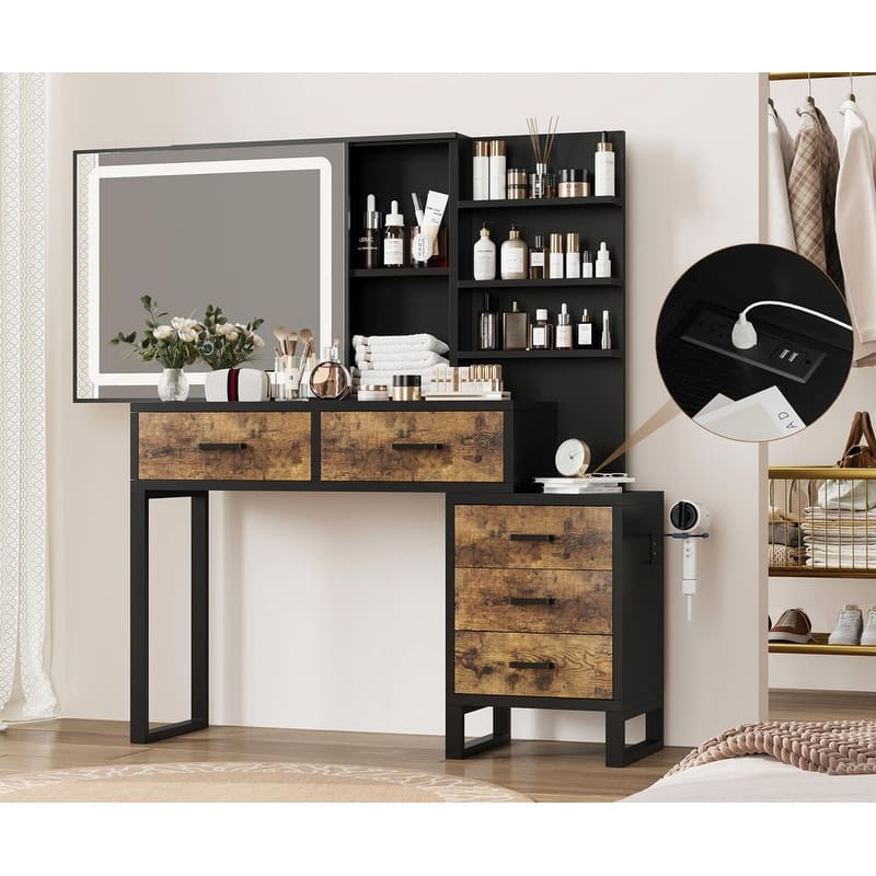 Vanity Desk with Sliding LED Mirror and Charging Station, 5 Drawers, 3 Shelves - Black