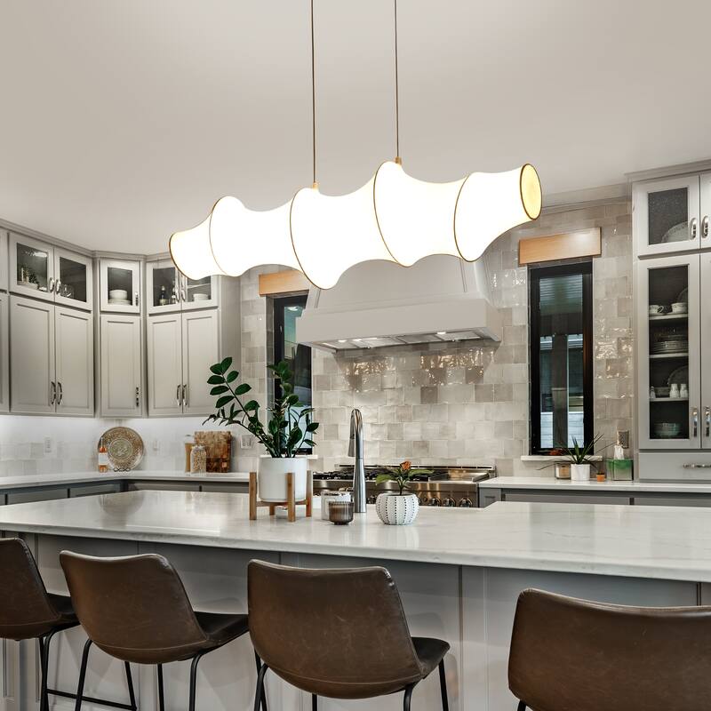 Modern 1-Light LED White Linear Island Chandelier Sculptural Silk Shade - White & Gold - W43.3"*D11.4"*H12.6"