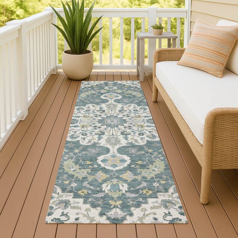 Machine Washable Indoor/ Outdoor Traditional Indore Chantille Rug - Teal - 2'3" x 7'6"