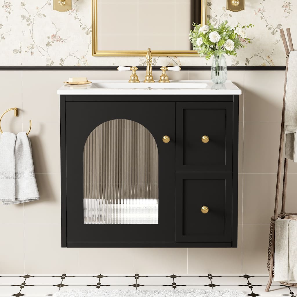 24" Bathroom Vanity Set Wall Mounted for Small Space, Bathroom Cabinet with Ceramic Sink, 2 Drawers and 1 Soft-Close Door