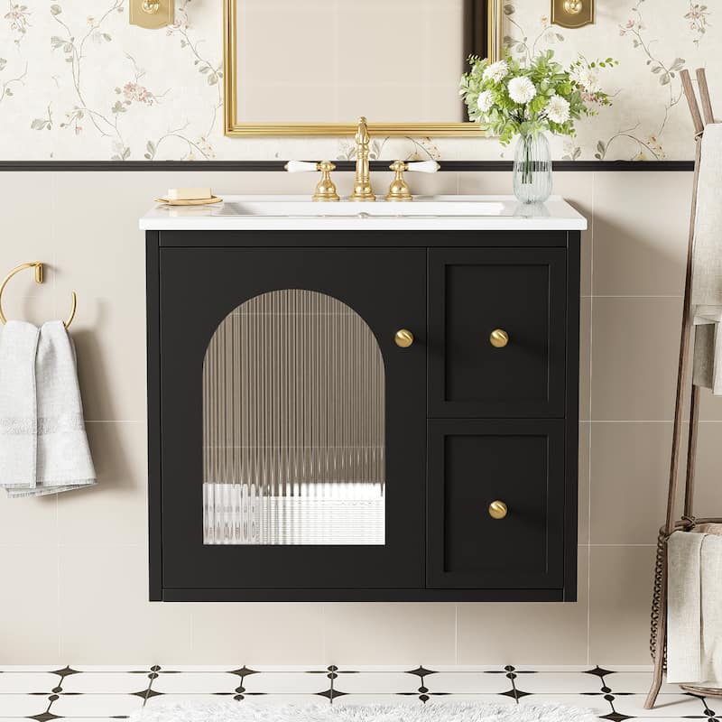 24" Wall-Mounted Bathroom Vanity with Ceramic Sink Combo, Floating Bathroom Storage Cabinet with Glass Doors & 2 Drawers